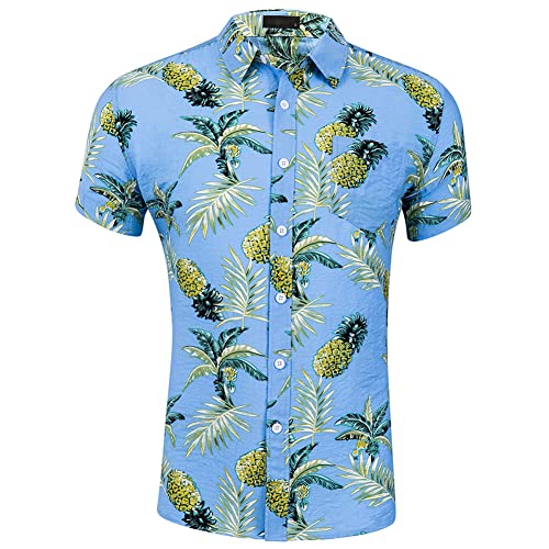 Herren T Shirt Hawaii Hemden Männer Urlaub Freizeit Kurzarm Aloha Party Shirt Palm Beach Shirts Ananas Blau XL von MANLUODANNI