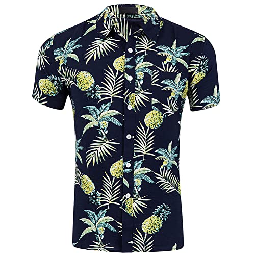 Herren T Shirts Hawaii Floral Hemd Button down Hemden Männer Urlaub Freizeit Kurzarm Aloha Party Shirt Beach Shirts Ananas Schwarz XXL von MANLUODANNI