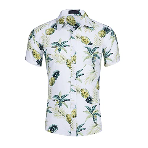 Herren T Shirts Hawaii Floral Hemd Button down Hemden Männer Urlaub Freizeit Kurzarm Aloha Party Shirt Beach Shirts Ananas Weiß XXL von MANLUODANNI