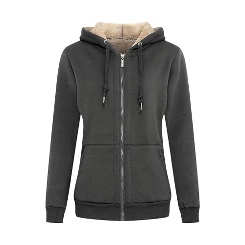 MANLUODANNI Damen Dicker Kapuzensweatshirt, Damen Kapuzenjacke Sweatjacke Kapuzenpullover Hoodie Baumwolle Sweatshirtjacke Pullover mit Fleecefutter Dunkelgrau L von MANLUODANNI