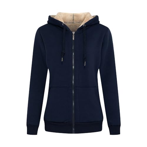 MANLUODANNI Damen warm Kapuzensweatshirt, Damen Basic Kapuzenjacke Sweatjacke Kapuzenpullover Hoodie mit Zipper Baumwolle Sweatshirtjacke Pullover mit Fleecefutter Navy L von MANLUODANNI