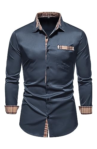 MANLUODANNI Hemd Herren Langärmliges Freizeithemden Für Herren Business Regular Revers Hemd Knitterfreies Bedrucktes Hemd Mit Taschen Marineblau XXL von MANLUODANNI