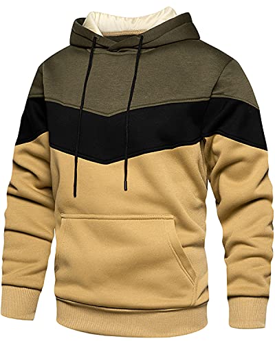 MANLUODANNI Herren Hoodie, Herren Kapuzenpullover Patchwork Pullover mit Kapuze Casual Sweatshirt Classic Farbabstimmung Rundhals Armeegrün Khaki L von MANLUODANNI