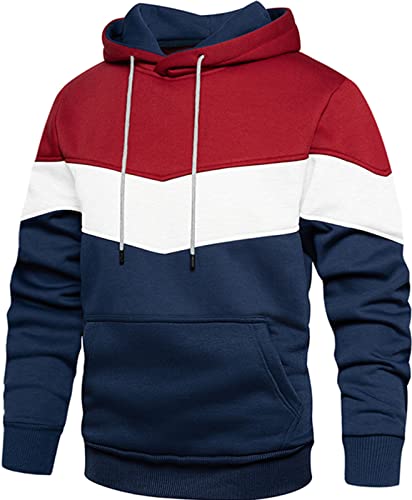 MANLUODANNI Herren Hoodie Männer Pullover Pulli mit Kapuze Farbblock Kapuzenpullover Hoodies Hoody Warm Sweatshirt Freizeit Langarm Rot+Dunkelblau XXL von MANLUODANNI