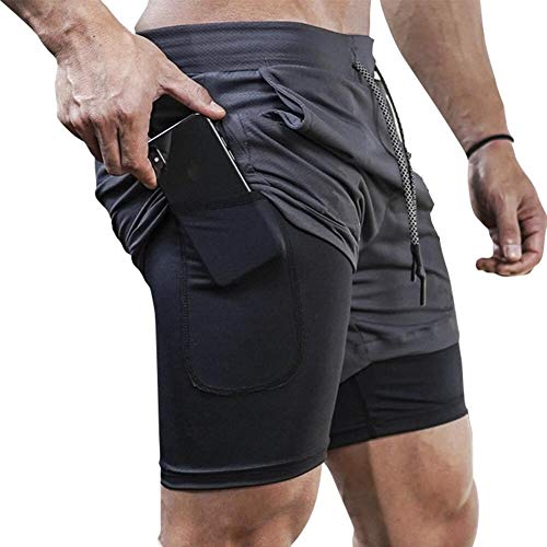 MANLUODANNI Herren Running Shorts, Herren 2 in 1 Laufshorts Fitness Sporthose Kurz Jogginghose Schnelltrocknende Laufhose Mit Taschen Reißverschlussfach Dunkelgrau XL von MANLUODANNI