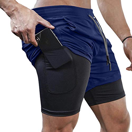 MANLUODANNI Herren Running Shorts, Herren 2 in 1 Laufshorts Fitness Sporthose Kurz Jogginghose Schnelltrocknende Laufhose mit Kompressionsshorts und Taschen Reißverschlussfach Marine 2XL von MANLUODANNI