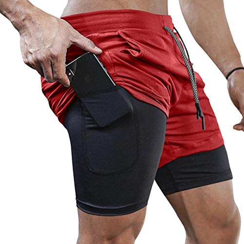 MANLUODANNI Herren Running Shorts, Herren 2 in 1 Laufshorts Fitness Sporthose Kurz Jogginghose Schnelltrocknende Laufhose mit Kompressionsshorts und Taschen Reißverschlussfach Rot 3XL von MANLUODANNI