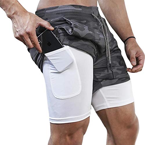 MANLUODANNI Herren Running Shorts, Herren 2 in 1 Laufshorts Fitness Sporthose Kurz Jogginghose Schnelltrocknende Laufhose Mit Taschen Reißverschlussfach Tarnung grau M von MANLUODANNI