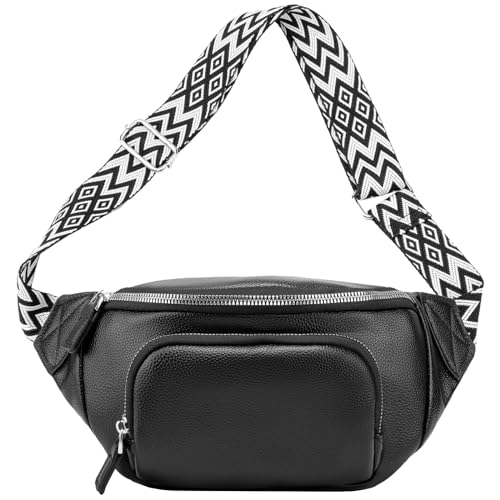 MANNUOSI Damen Mode Hüfttaschen Bauchtasche umhängetasche Damen stylisch hüfttasche Leder brustbeutel Schultergurten Gürteltasche Schwarz 1 von MANNUOSI