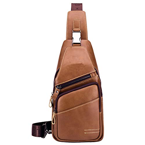 MANNUOSI Herren Brusttasche leder umhängetasche Sling Bag Crossbody Bag Sport Schultertasche Outdoor Reisen Wandern mehrere Taschen Sling Braun von MANNUOSI