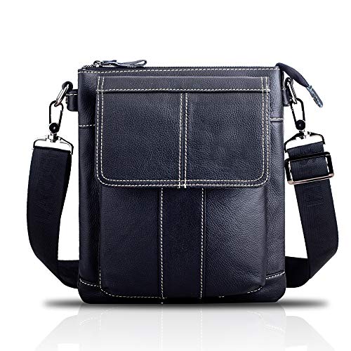 MANNUOSI Herren Schultertaschen Geschäft Erste Schicht Rindsleder Beiläufig Crossbody Tasche DE470 Schwarz von MANNUOSI