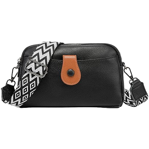 MANNUOSI Umhängetaschen Damen Crossbody Bag Damen Bauchtasche Damen PU Leder Breiter Gurt Moderne Taschen Schultergurten Handtasche Geldbörsen Schwarz B von MANNUOSI