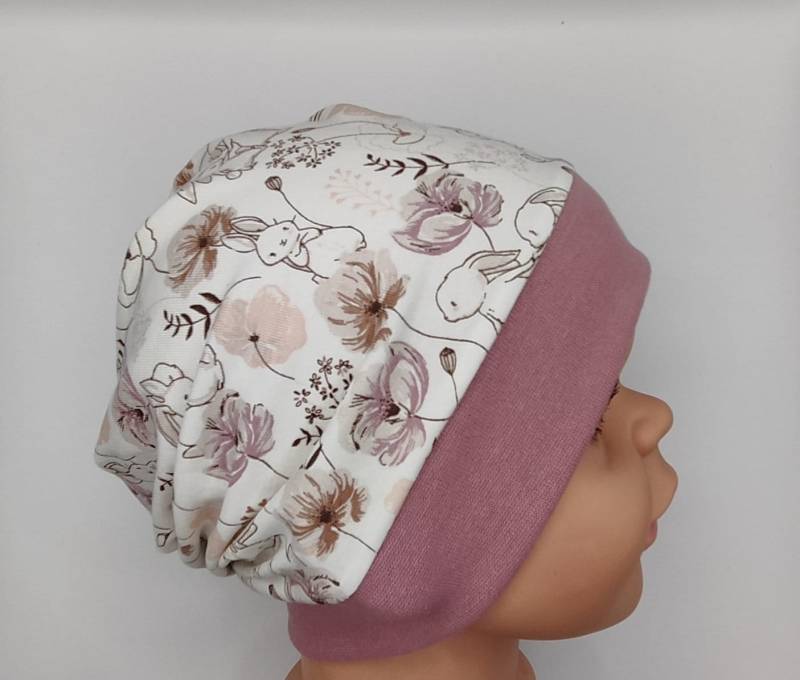 Mütze Für Mädchen, Beanie, Wunschgröße, Mitwachsend, Hasen, Blumen, Altrosa, Pastell von MANOWE