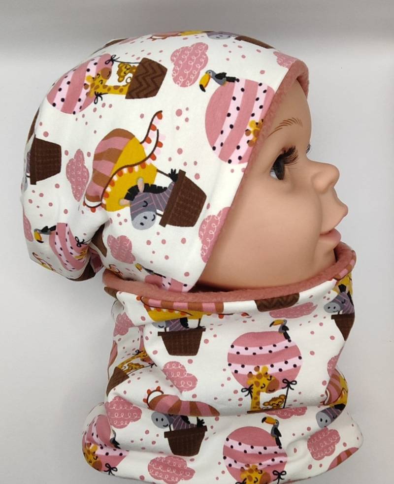 Set Aus Beanie Und Loop, Gefüttert Mit Jersey Oder Fleece, Mädchen, Heißluftballon, Altrosa, Tiere von MANOWE