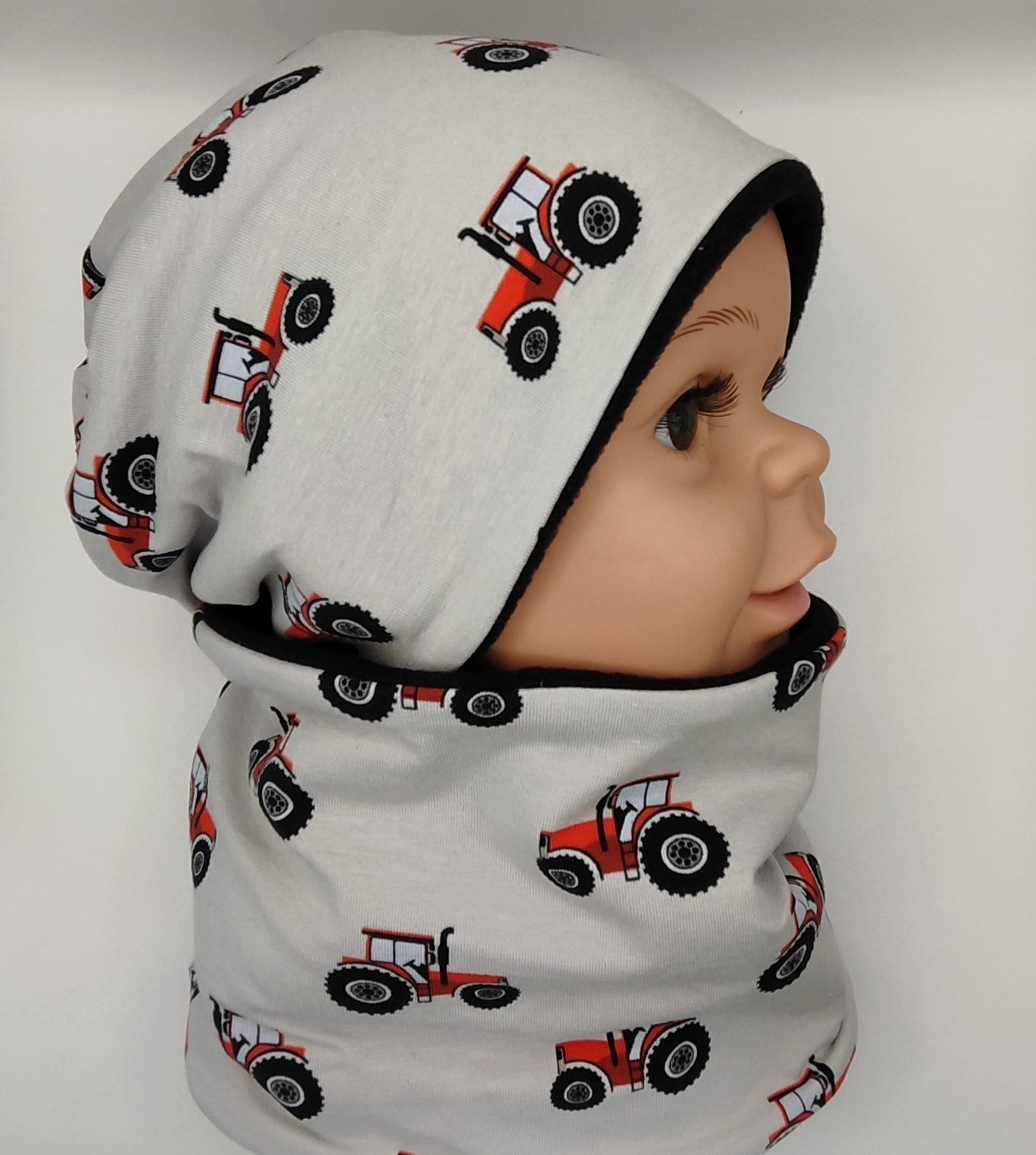 Set Aus Beanie Und Loop, Jersey, Gefüttert Mit Fleece, Traktor, Grau, Jungs, Ku 56cm von MANOWE