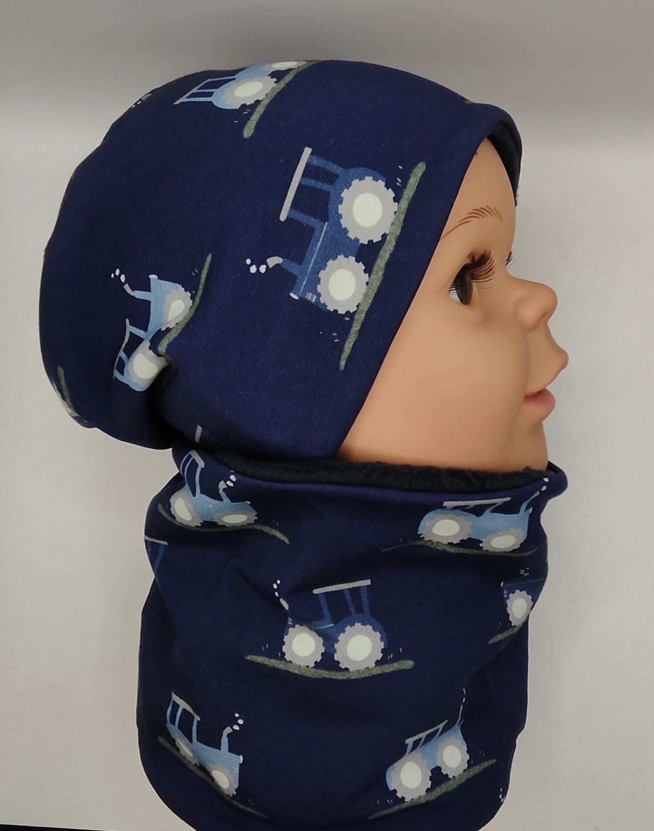 Set Aus Beanie Und Loop, Jersey, Gefüttert Mit Jersey Oder Fleece, Traktor, Jungs, Wunschgröße, Blau von MANOWE