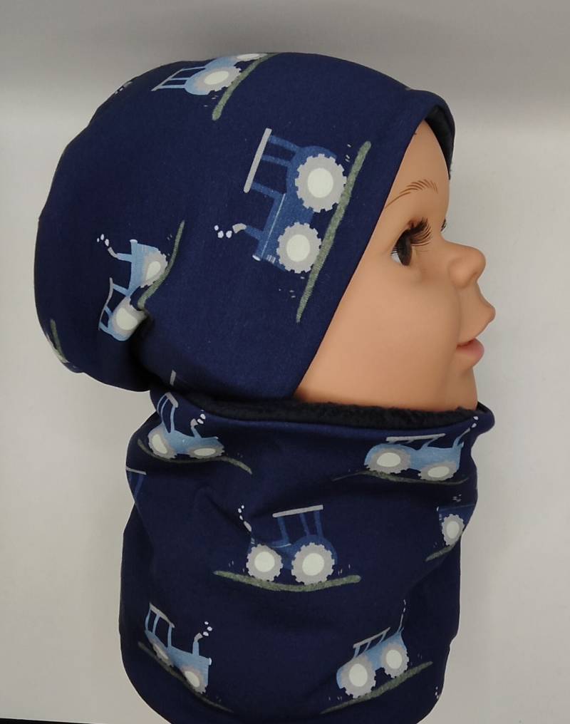 Set Aus Beanie Und Loop, Jersey, Gefüttert Mit Jersey Oder Fleece, Traktor, Jungs, Wunschgröße, Blau von MANOWE
