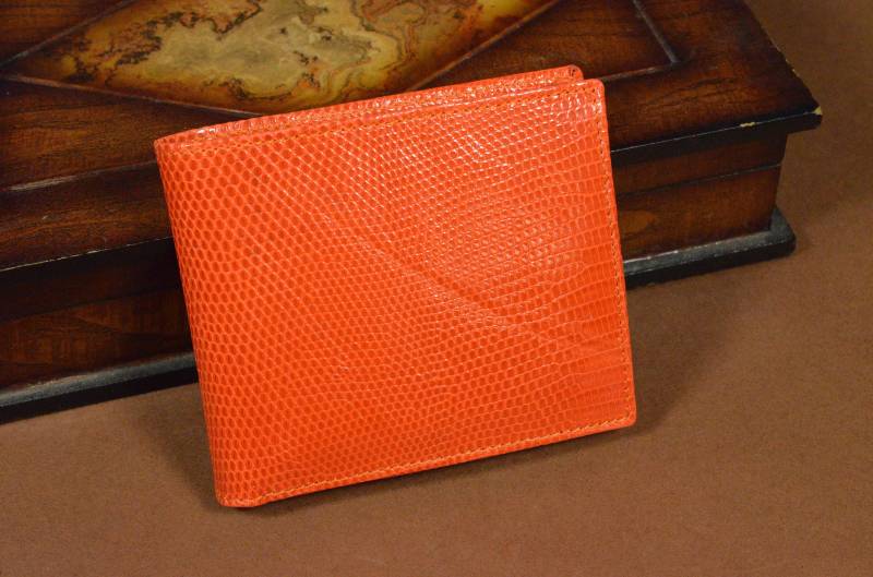 Handgemachte Orange Echte Eidechsenleder Geldbörse - Zweifach Faltbare Brieftasche Münzfach, Spanien, Roma 22 von MANSAREA