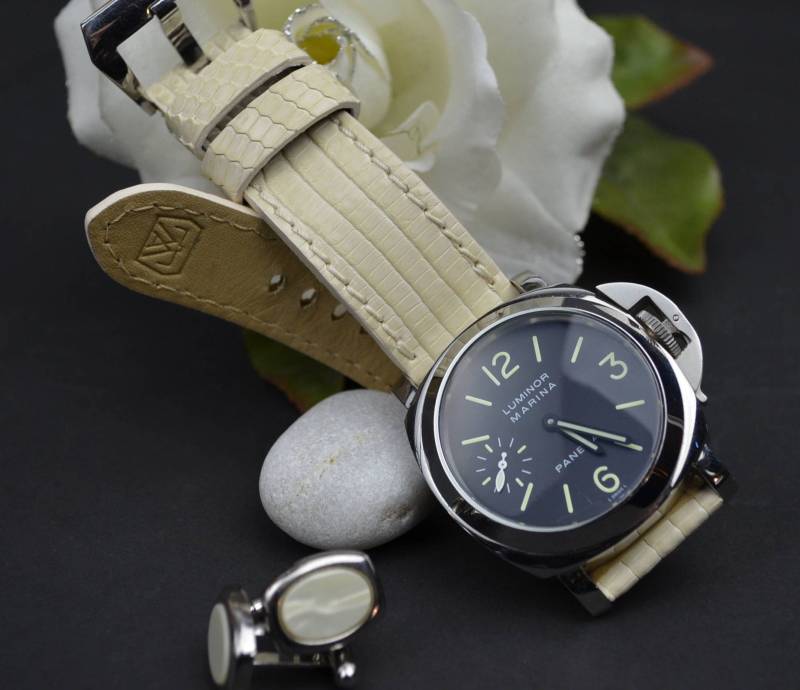 Ma Uhrenarmband 26 24 22 Mm Creme Weiß I Echt Eidechse Haut Glänzend Passend Für Panerai Breitling Armbanduhr von MANSAREA