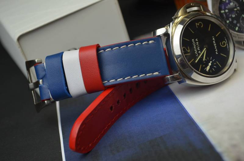Handgefertigtes Uhrenarmband Frankreich Flagge Kalb Blau Rot Weiss Leder, 22 24 26 Mm von MANSAREA
