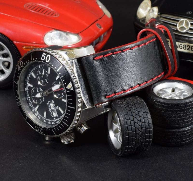 Ma Uhrenarmband 26 24 22 Mm Echtes Kalbsleder Band Imola Schwarz Rot Passt Panerai Rolex Breitling Omega Etc Handmade Spain von MANSAREA