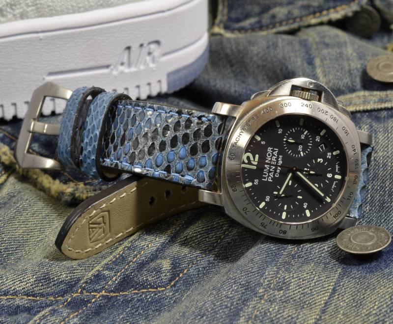 Ma Uhrenarmband 26 24 22mm Blue Jeans Echt Python Schlangenhaut Lederband Handmade Panerai Breitling Apple Iwatch Armband von MANSAREA