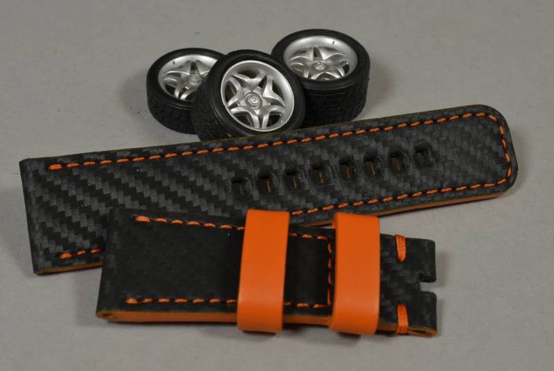 Ma Uhrenarmband Für Sevenfriday 28/24 Mm Kalbsleder Simile Kohlefaser Schwarz Orange Handmade Spanien von MANSAREA