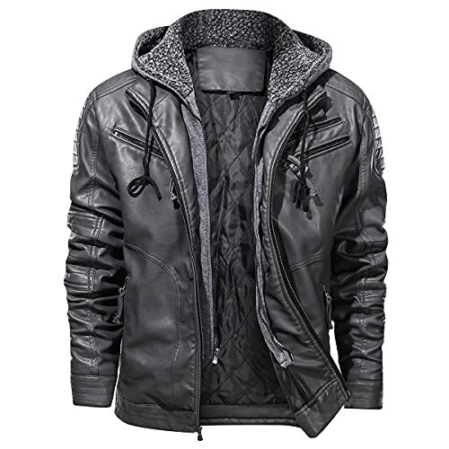 MANSDOUR Herren Kunstleder Jacke Warm Schwarz Motorrad Bomberjacke mit Abnehmbarer Kapuze, grau, Large von MANSDOUR