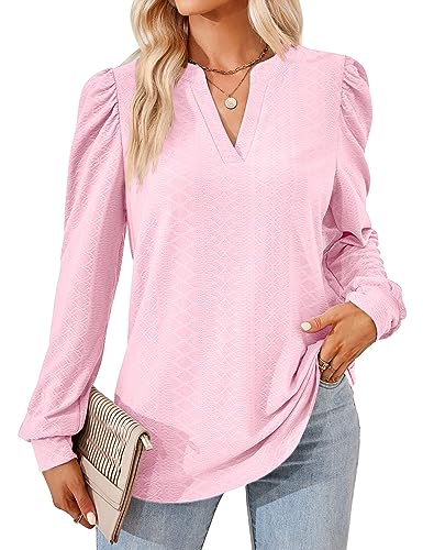 Mansy Damen Tops Dressy Casual Puff Langarm V-Ausschnitt Shirt 2023 Mode Öse Lose Tunika Bluse, Pink, XX-Large von MANSY