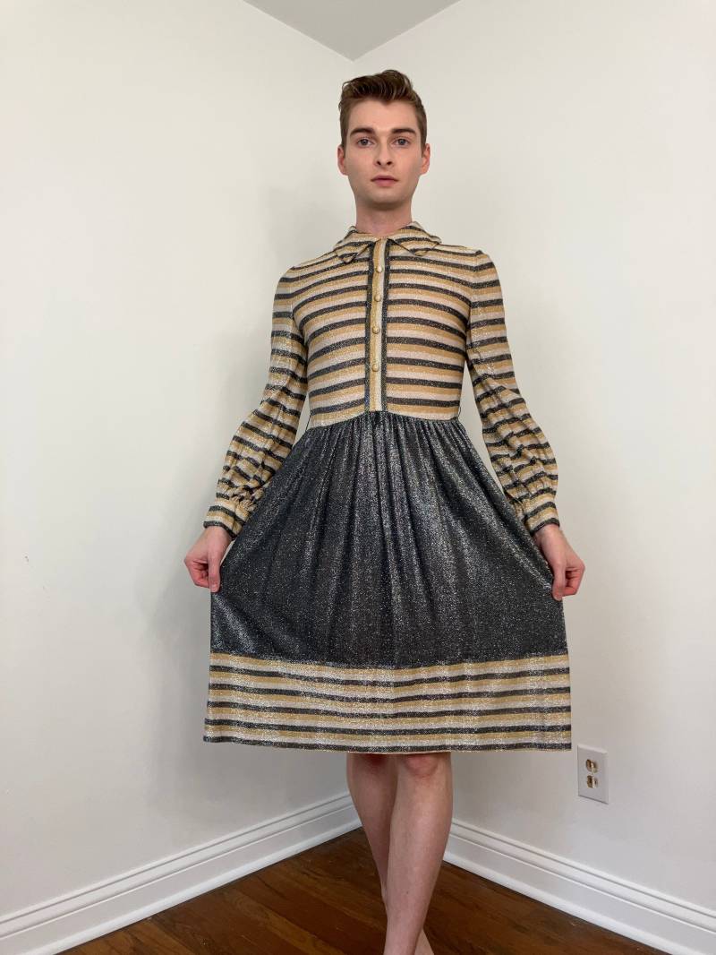 70Er Jahre Gestreiftes Metallic Kleid von MANTISLADYVINTAGE