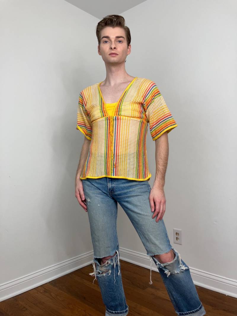 70Er Jahre Regenbogen Streifen Netz Top Von Just Tops von MANTISLADYVINTAGE