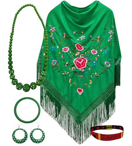 Set Schal und Zubehör: bestickter Schal mit Zubehör im Flamingo-Stil und besticktem Armband, für Partys und Veranstaltungen (grünes Blumen) von MANTONDEMANILA.COM