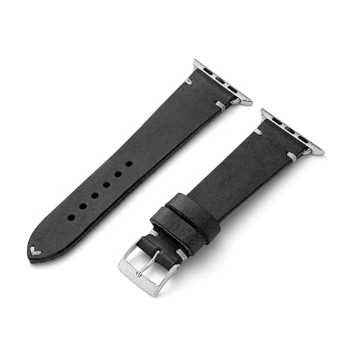 MANUFAKTURWERK Armband ST. Pauli | kompatibel mit Apple Watch 1-9, SE | Leder | für Damen und Herren | Sport | Schwarz, Größe:M (Standard). 42 mm / 44 mm / 45 mm, Farbe:Silber Aluminium von MANUFAKTURWERK