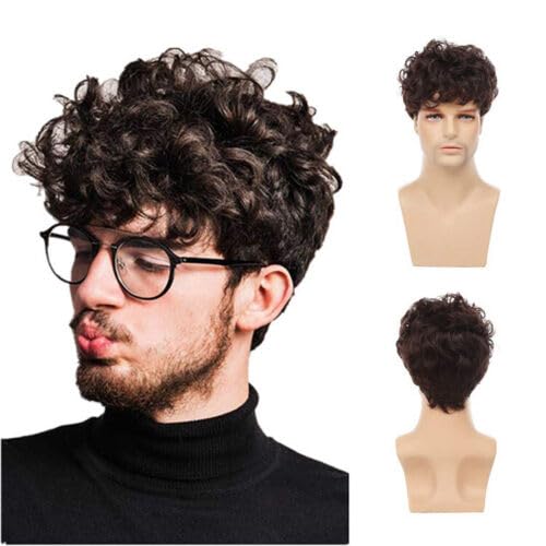 Anime Cosplay Mens Brown Kurze Lockige Perücke Fluffy Synthetische Faser Haar Perücken für Männer Tägliche Perücke von MANUKS