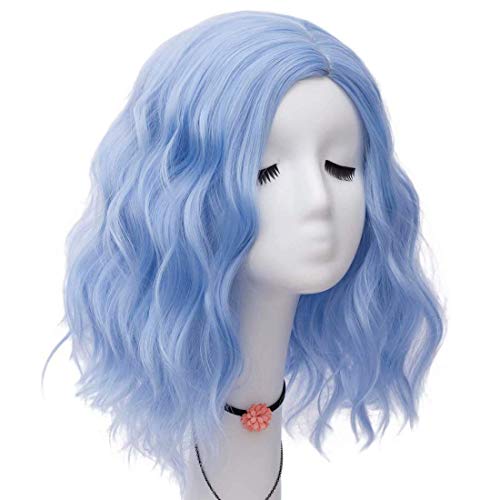 Anime Cosplay Perücke für Frauen，16 Zoll Mittellanges Seitenteil Haaransatz Natürliche Welle Sky Blue Tägliche Cosplay Perücke von MANUKS