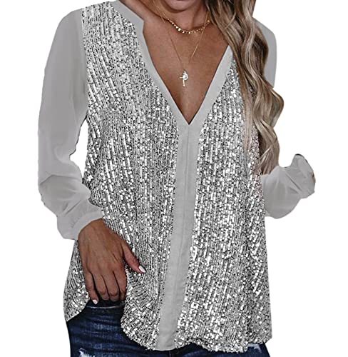 Damen Glitzer Pailletten Bluse Damen Sparkle Langarm Tops Party Glänzendes T-Shirt V-Ausschnitt Sexy Shirts Blusen von MANYMANY