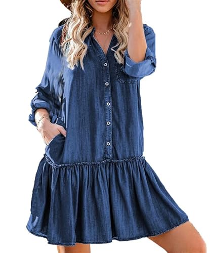 MANYMANY Blaues Jeanskleid für Damen, langärmlig, schwingendes Denim-Hemdkleid, Babydoll-Stufen-Minikleid von MANYMANY