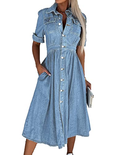 MANYMANY Damen Blue Denim Hemd Kleid Anklanghalterbutton Down Flowy Stufe Kleid Plissee Jean Denim Kleid von MANYMANY