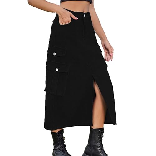 MANYMANY Damen-Cargo-Midirock mit Klappentasche, elastische Taille, Midi-Cargo-Jeansrock, vorne geschlitzt von MANYMANY