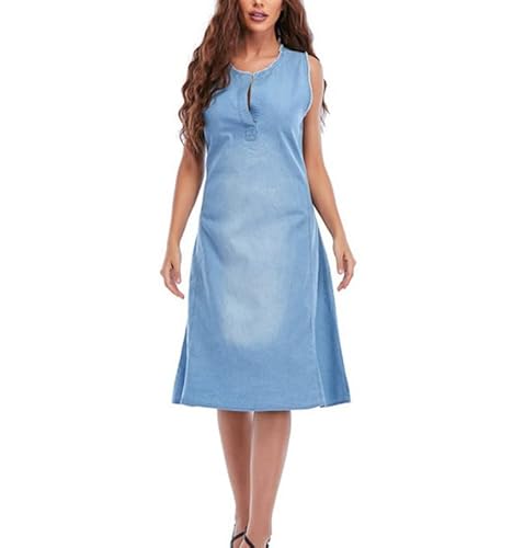 MANYMANY Damen Jeanskleid Blau V-Ausschnitt äRmellos Langes Jeanskleid Knielang von MANYMANY