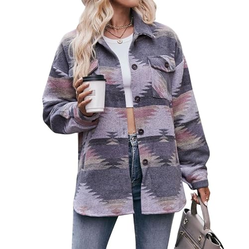 MANYMANY Damen-Western-Aztekenjacke. Damen-Westernjacke mit Azteken-Print, Shacket-Revers, Lange Ärmel, Azteken-Wolljacken von MANYMANY