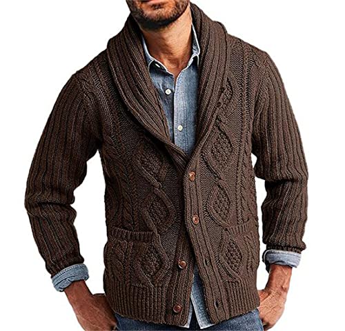 MANYMANY Herren Strickjacke mit Schalkragen Herren Grobstrickjacke mit Zopfmuster und Knöpfen Slim Fit Strick mit Taschen von MANYMANY