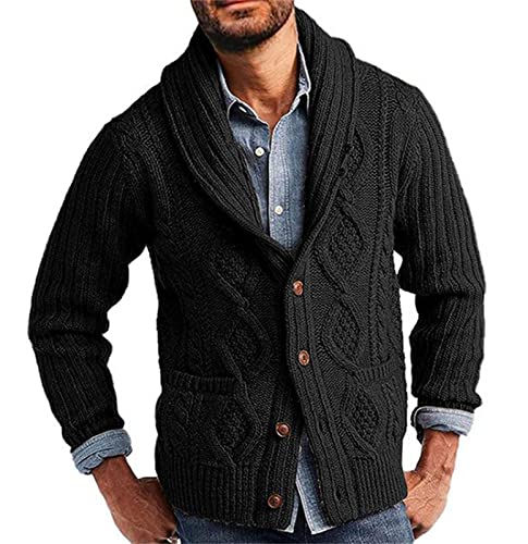 MANYMANY Herren Strickjacke mit Schalkragen Herren Grobstrickjacke mit Zopfmuster und Knöpfen Slim Fit Strick mit Taschen von MANYMANY