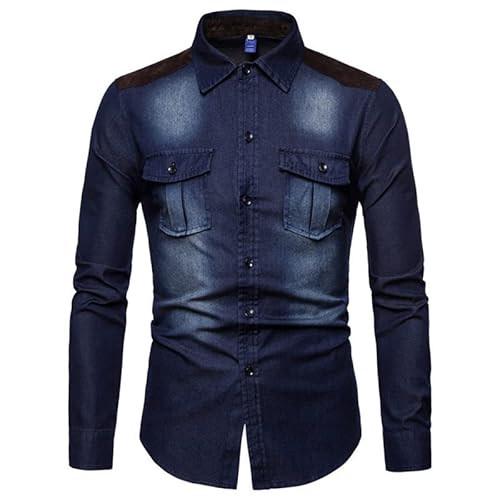 MANYMANY Jeanshemden für Herren Western-Jeanshemd Button-Down-Jeanshemden Blau gewaschenes, Geripptes Jeanshemd Größe M-3XL von MANYMANY