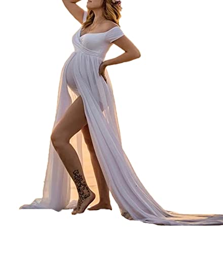 MANYMANY Umstandskleider für Fotoshooting Frauen Schwangere Spitze trägerloses Kleid Schulterfreies Brautkleid mit Rüschenärmeln von MANYMANY