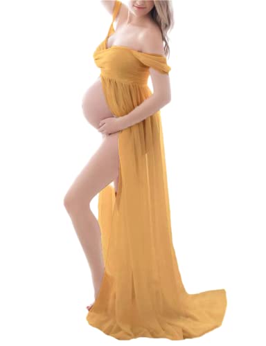 MANYMANY Umstandskleider für Fotoshooting Frauen Schwangere Spitze trägerloses Kleid Schulterfreies Brautkleid mit Rüschenärmeln von MANYMANY