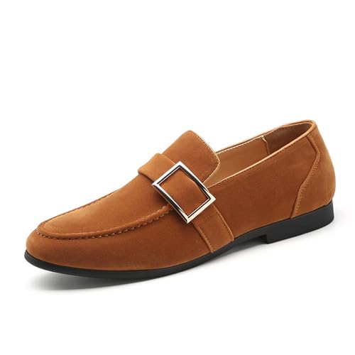 MANYUBEI Herren Lederschuhe, Große Slip-On Loafer, Business Casual Flache Schuhe Gefrostet Low-Top Büroarbeit Bequeme Atmungsaktive Herrenschuhe, 39 EU, Camel von MANYUBEI