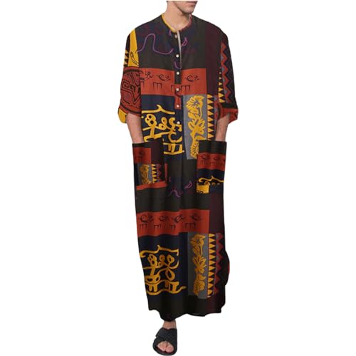 MANYUBEI Muslimische Robe Für Männer, Ethnische Kleidung Aus Dem Nahen Osten Langärmlig Rundhalsausschnitt Bedruckte Vordertaschen Langes Nachthemd Lockeres Kleid Lounge-Roben,6XL,Brown von MANYUBEI