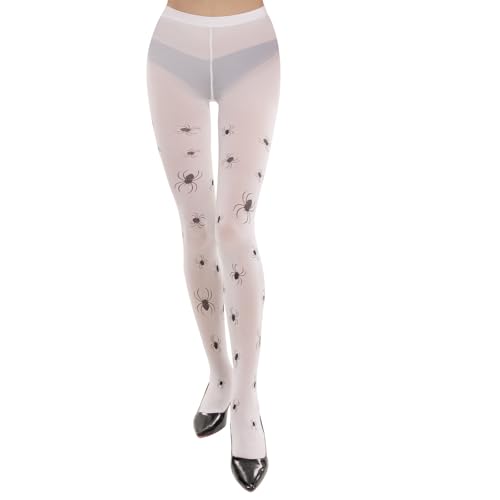 MANZI 1 Paar Damen Halloween Spinnen Print Weiß Strumpfhosen Einheitsgröße Strumpfhose für Damen Halloween Kostüm Party Dress up von MANZI