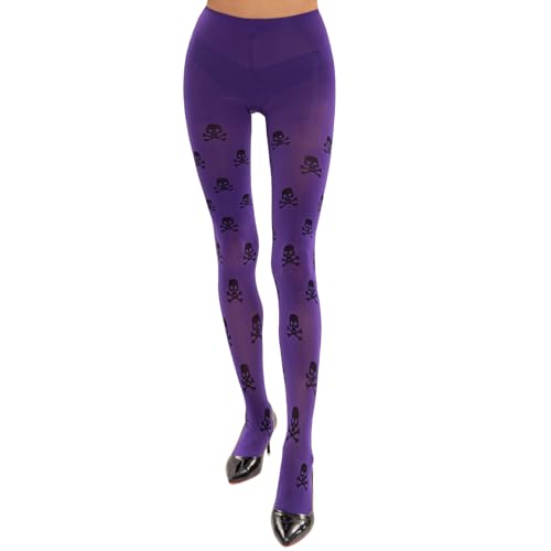 MANZI 1 Paar Damen Halloween Totenkopf Print Lila Strumpfhosen Einheitsgröße Strumpfhose für Damen Halloween Kostüm Party Dress up von MANZI
